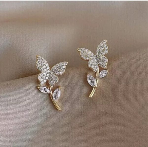 Golden Butterfly Flower Style Zircon Studs For Women Girls