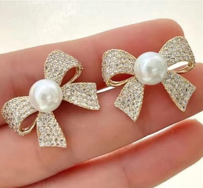 Korean Elegant Zircon Bow Style Earrings Pearl Style Bow Earrings For Girls