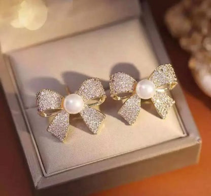 Korean Elegant Zircon Bow Style Earrings Pearl Style Bow Earrings For Girls