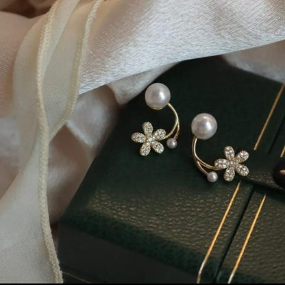 Korean Zircon Flower Pearl Front Back Earrings For Girls