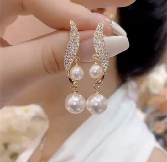 S Shape Crystal Leaf Drop Elegant Pearl Zircon Korean Earing