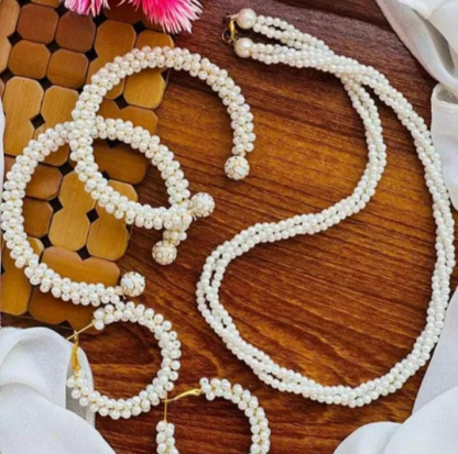 Women Pearl Elegant Jewelry Set ,kangan, Mala & Earrings Pearl Set(white)